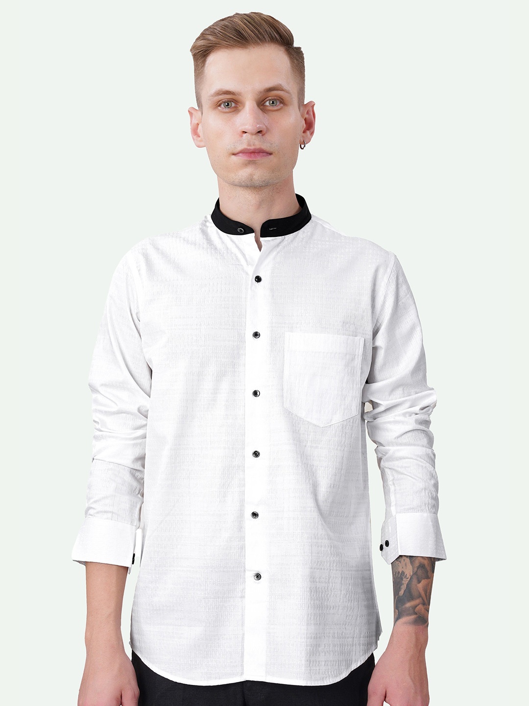 

FRENCH CROWN Standard Band Collar Cotton Casual Shirt, White