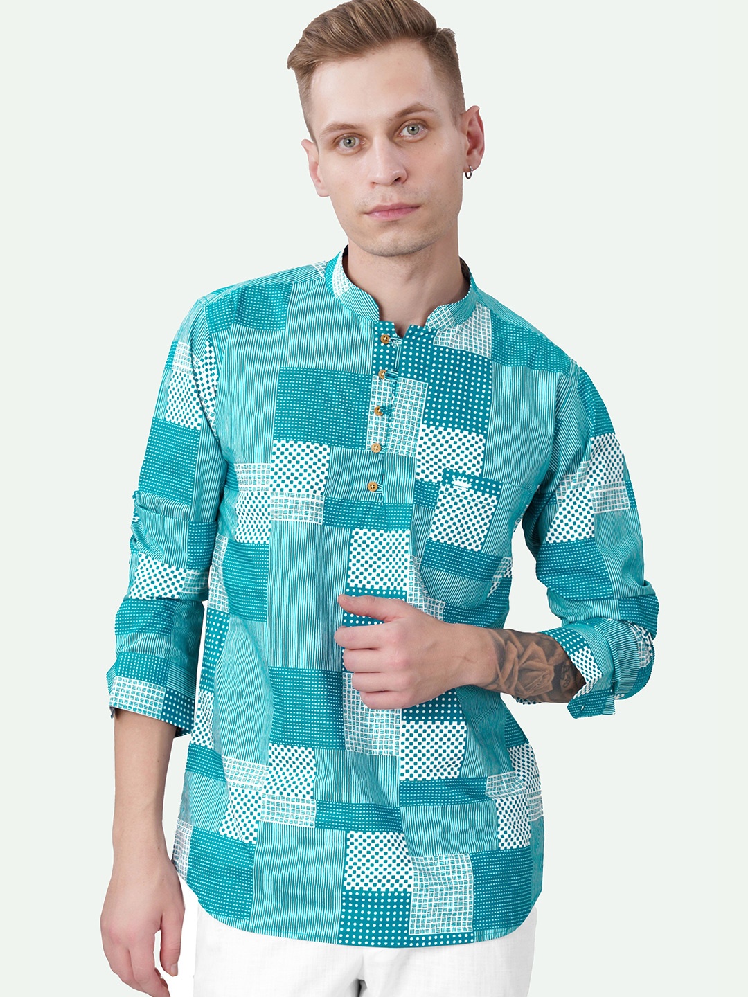 

FRENCH CROWN Standard Geometric Printed Mandarin Collar Cotton Casual Shirt, Blue