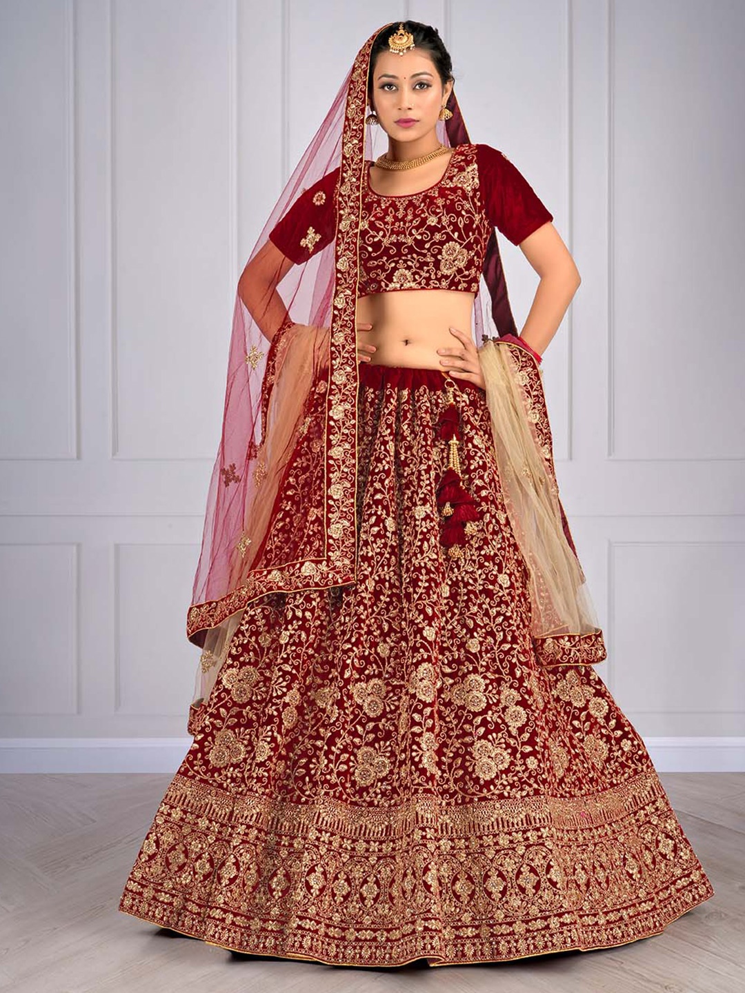 

HALFSAREE STUDIO Embroidered Net Semi-Stitched Lehenga & Unstitched Blouse With Dupatta, Maroon