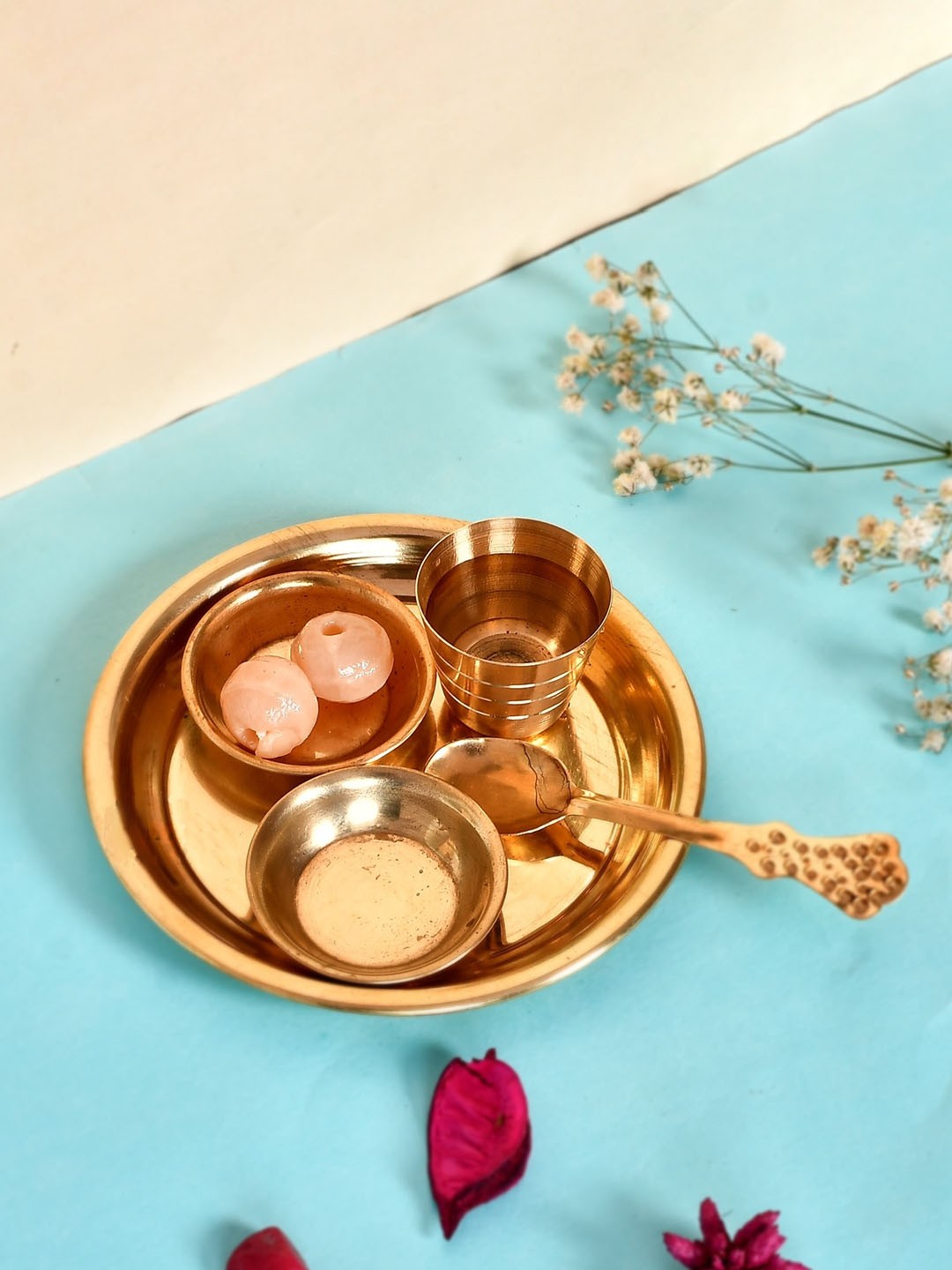 

COOPTIC Gold Toned Brass Pooja Bhog Thali Set