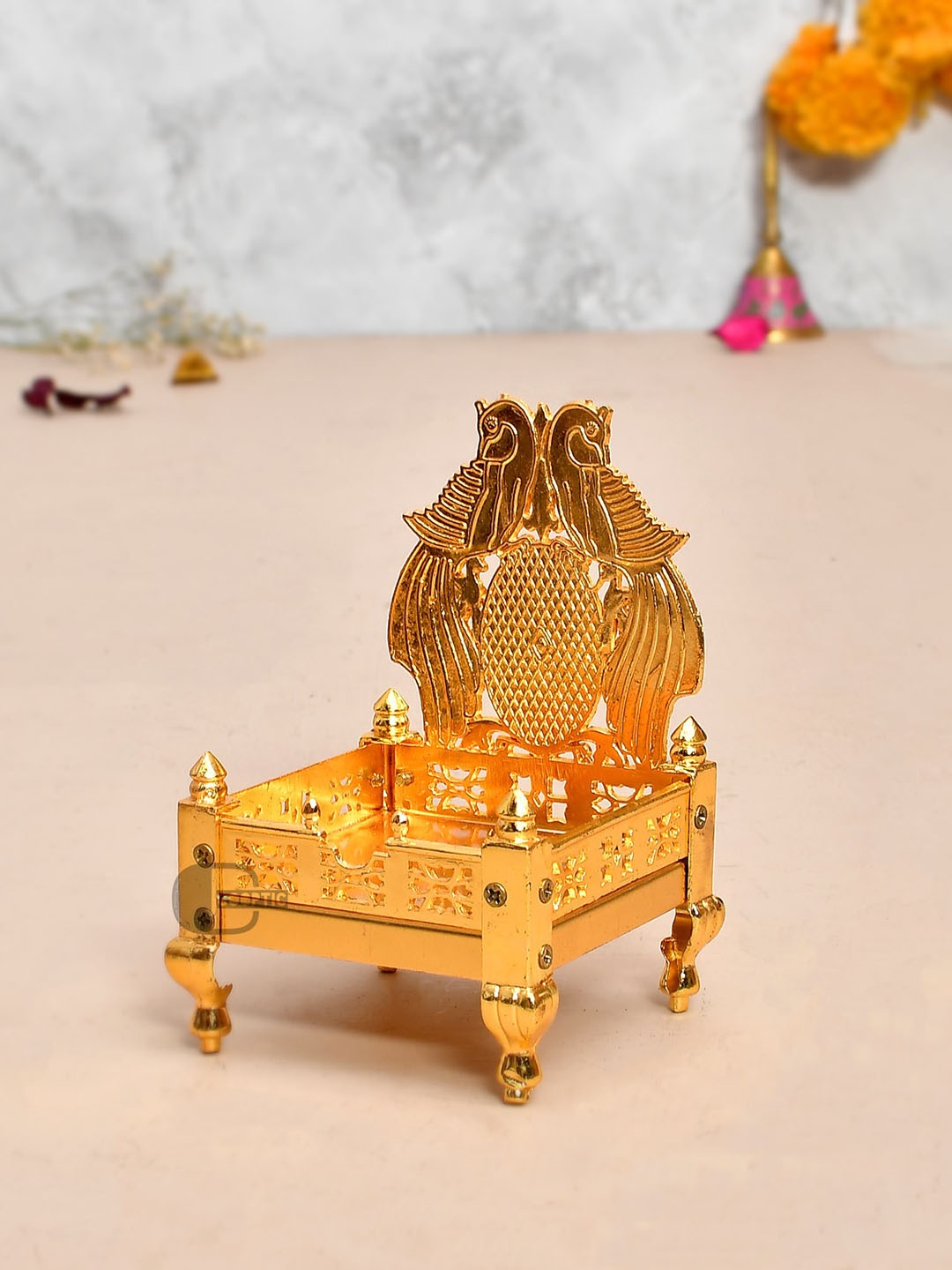 

COOPTIC 3-Pcs Yellow Peacock Design Metal Laddu Gopal Singhasan Lord Jhulas, Gold
