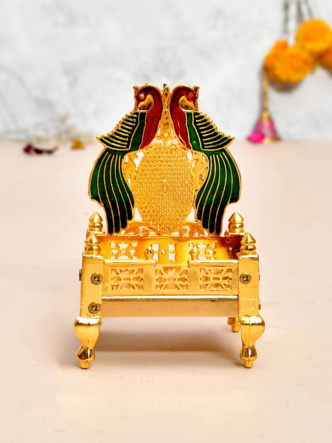 

COOPTIC Gold Toned Green Red Peacock Metal Laddu Gopal Singhasan for Pooja Essentials