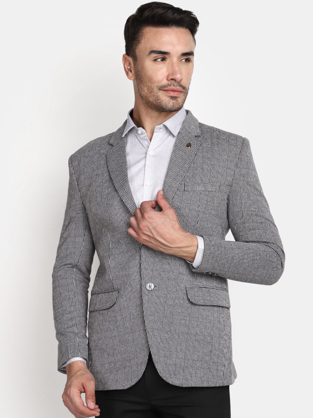 

V-Mart Checked Single Breasted Blazer, Black