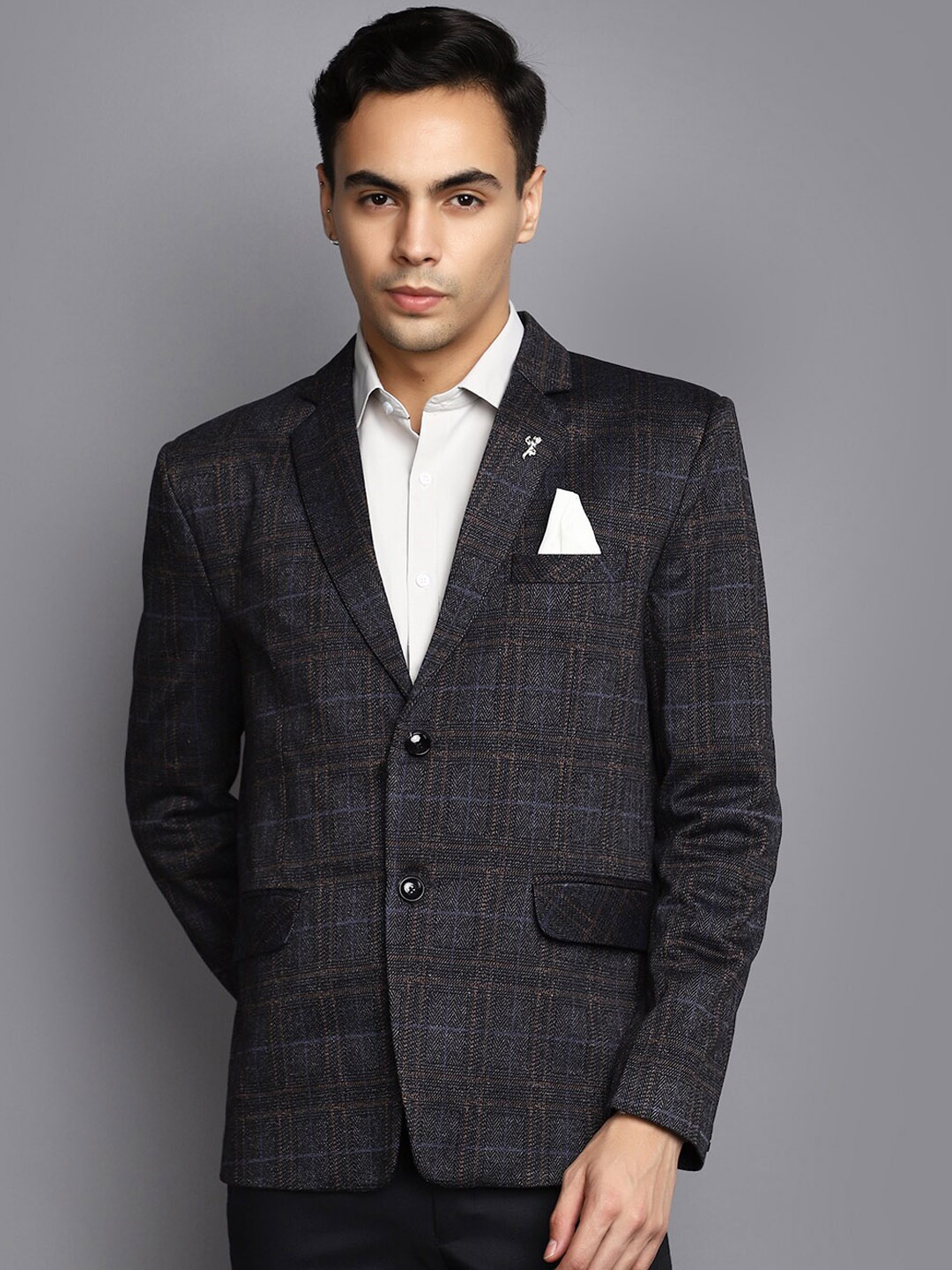 

V-Mart Checked Notched Lapel Collar Formal Single Breasted Blazer, Brown