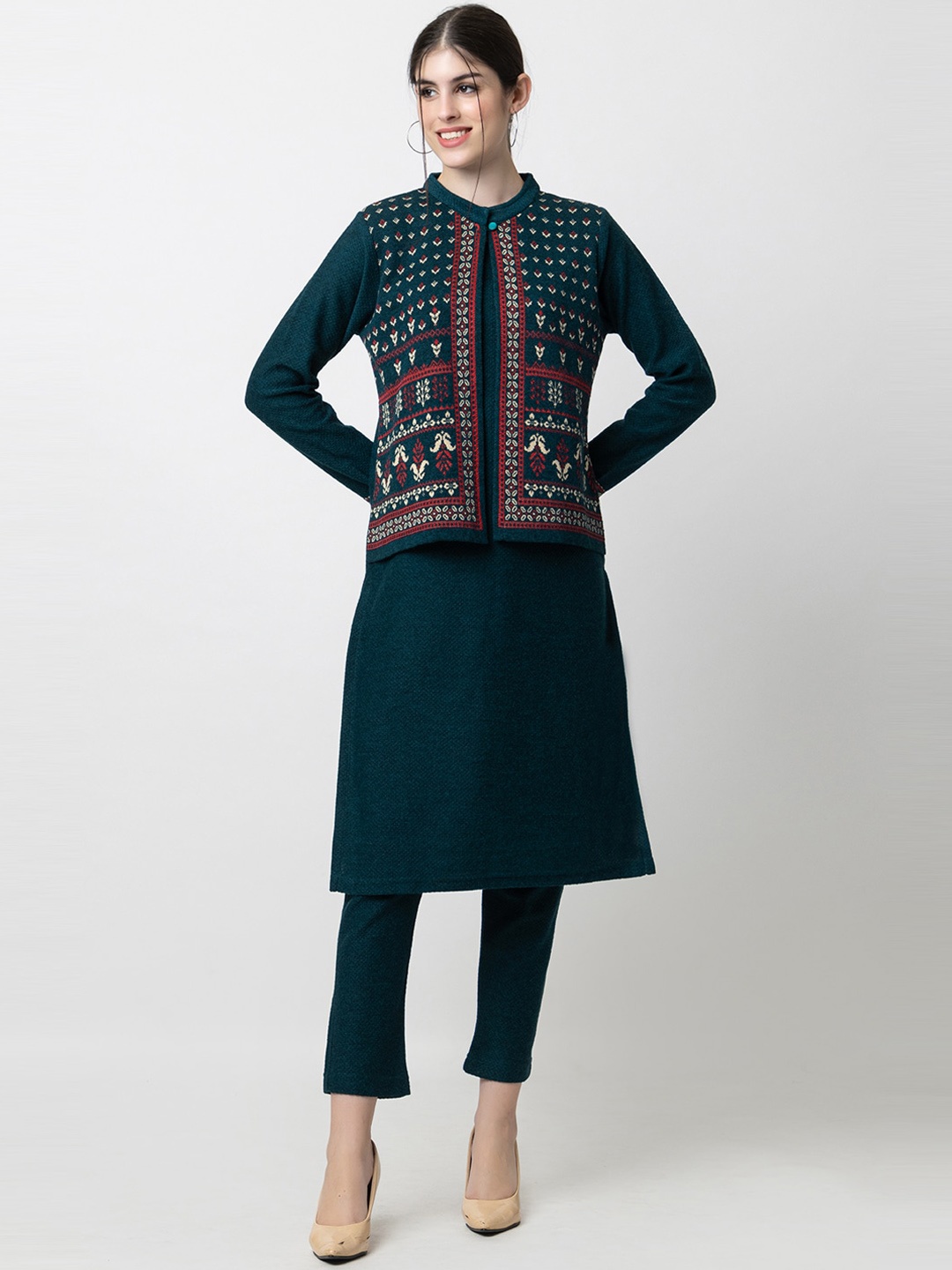 

KEIKO Floral Woven Design Jacquard Kurta With Palazzos, Teal