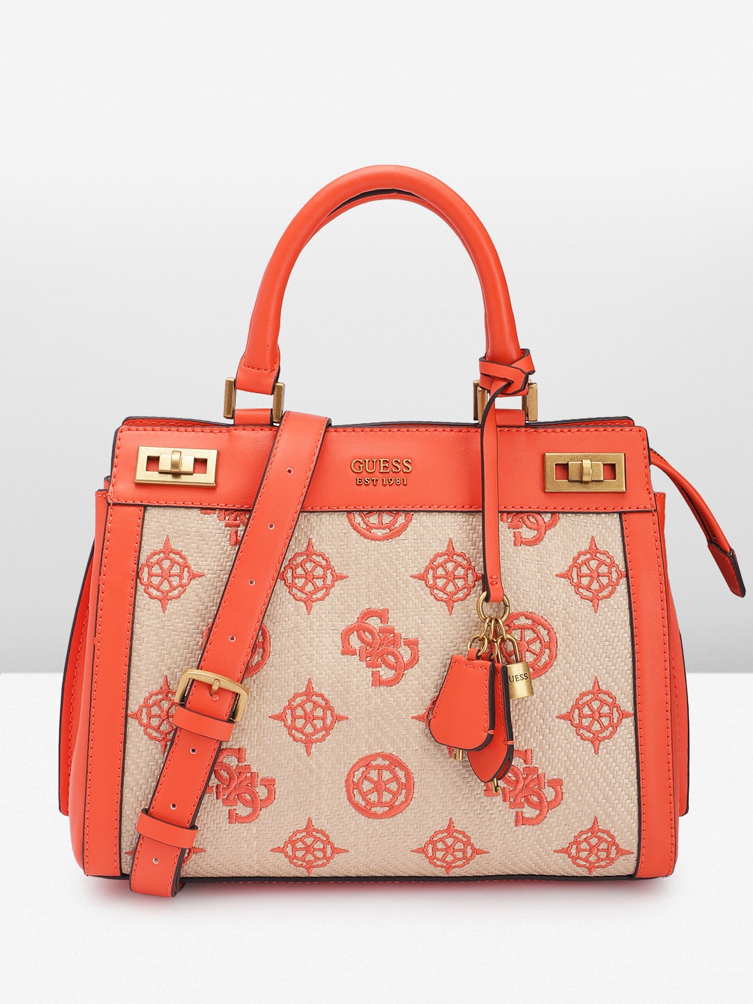 

GUESS Brand Logo Embroidered Structured Handheld Bag, Cream