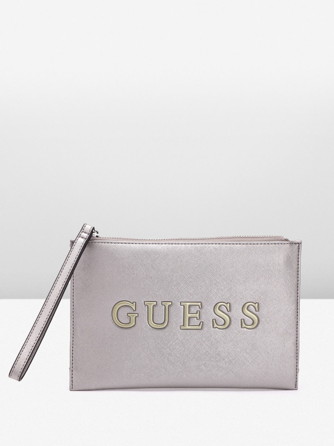 

GUESS Brand Logo Textured Purse With Wrist Loop, Silver