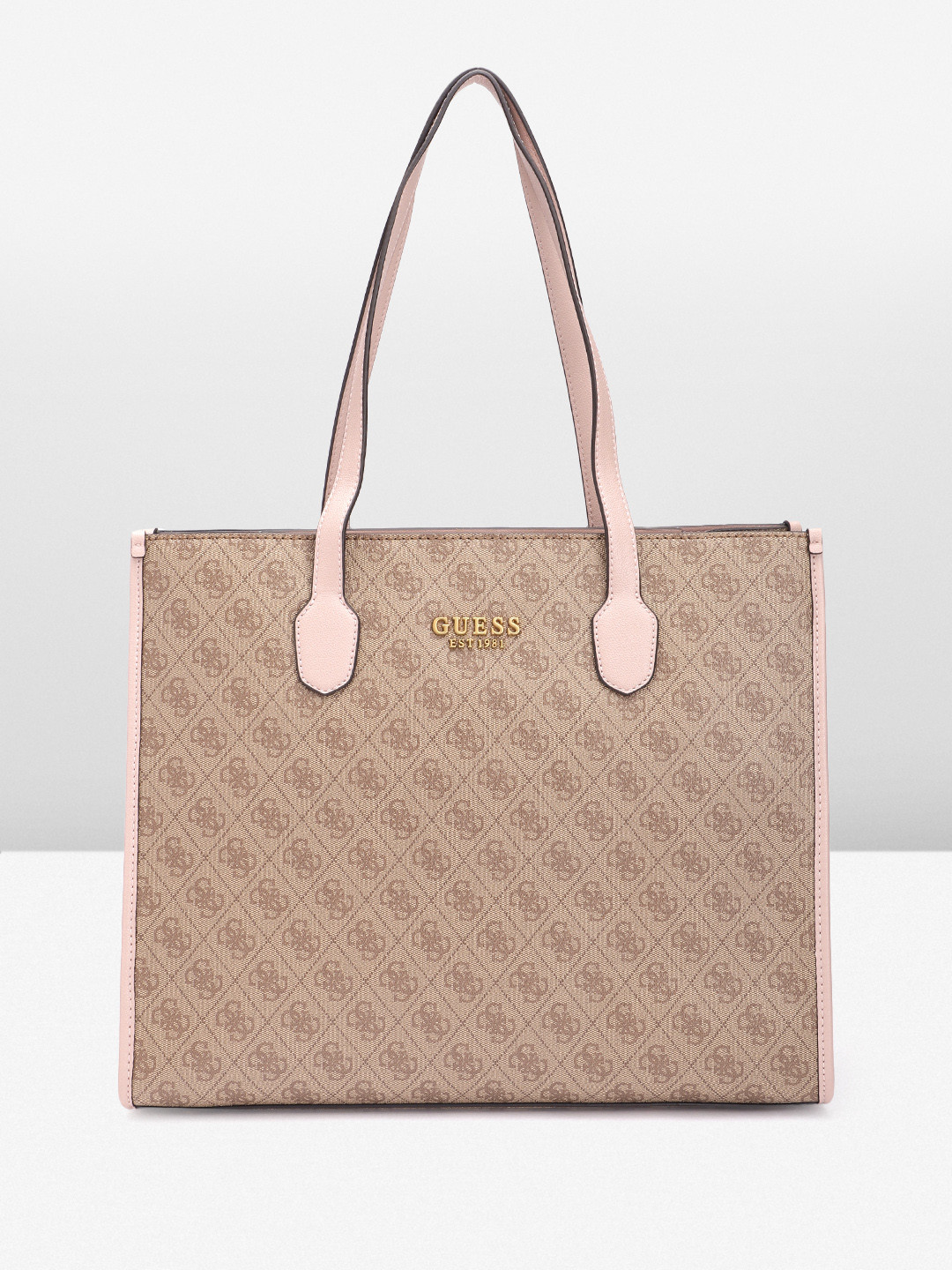 

GUESS Brand Logo Printed Structured Oversized Shoulder Bag, Brown