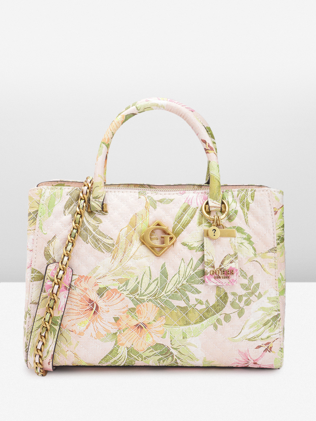 

GUESS Floral Printed Textured Structured Handheld Bag, Peach