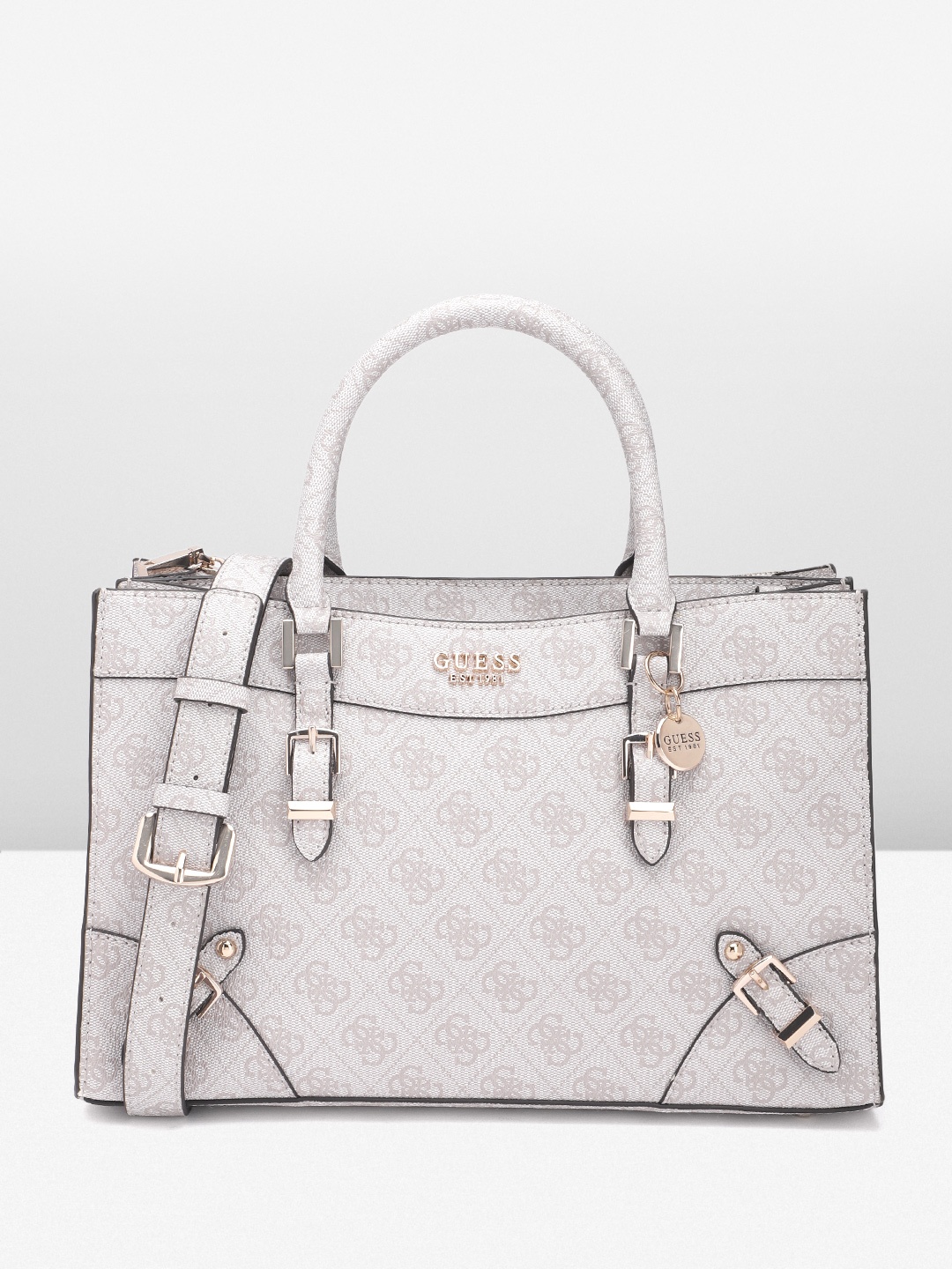 

GUESS Brand Logo Printed Structured Handheld Bag with Buckle Detail, White