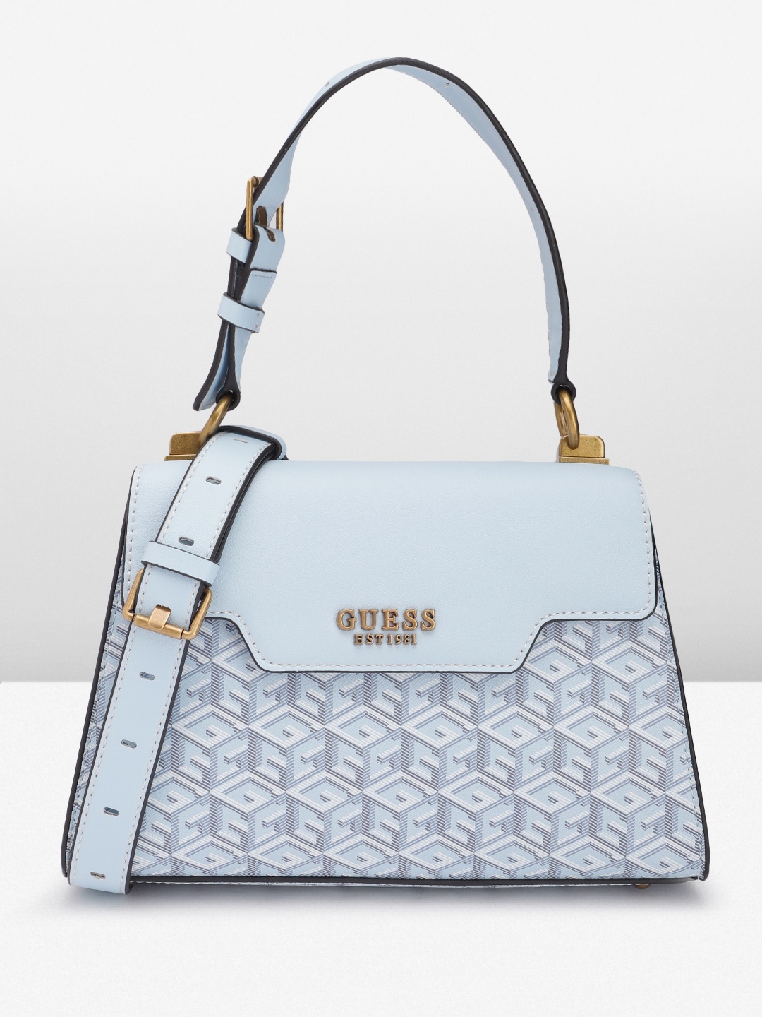 

GUESS Brand Logo Printed Structured Satchel Bag, Blue