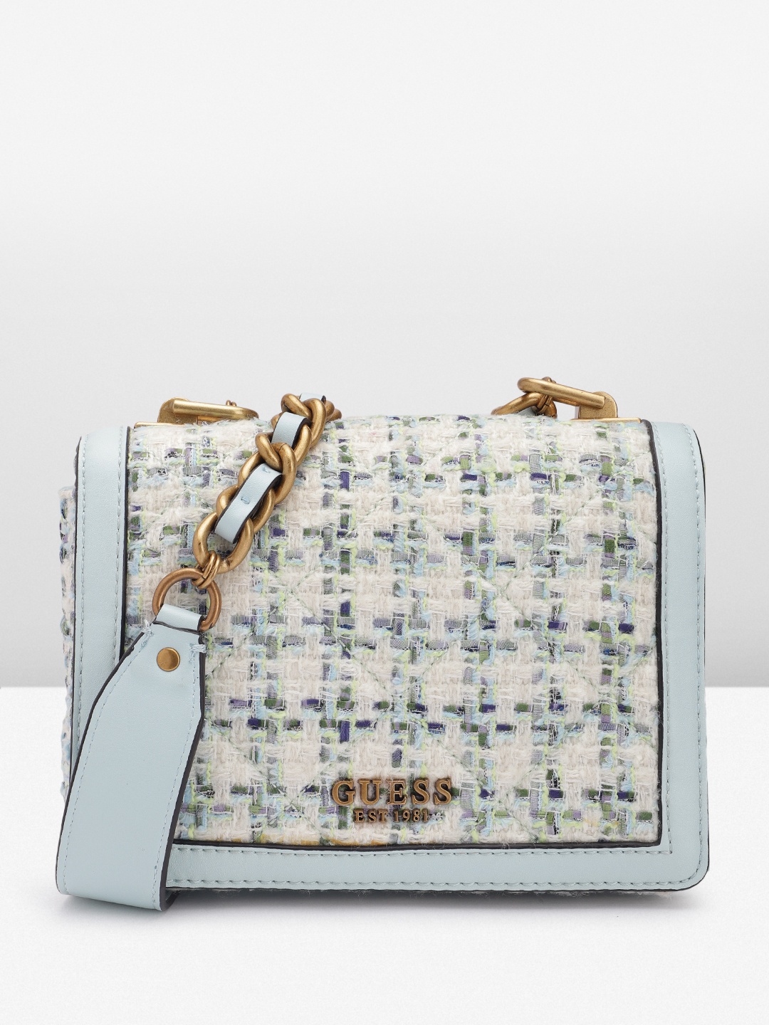 

GUESS Geometric Self Design Quilted Structured Sling Bag, White