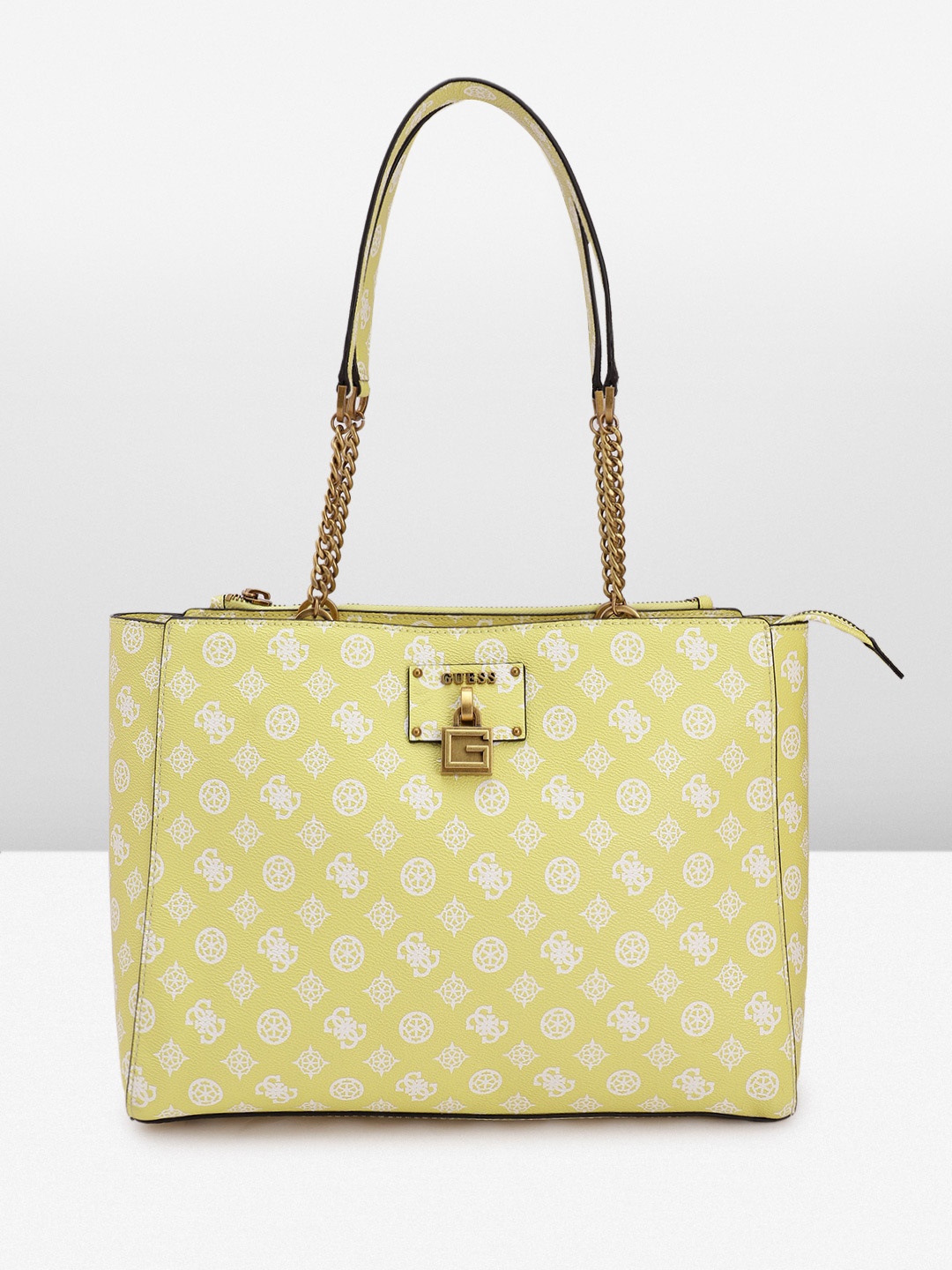 

GUESS Brand Logo Printed Structured Shoulder Bag, Yellow