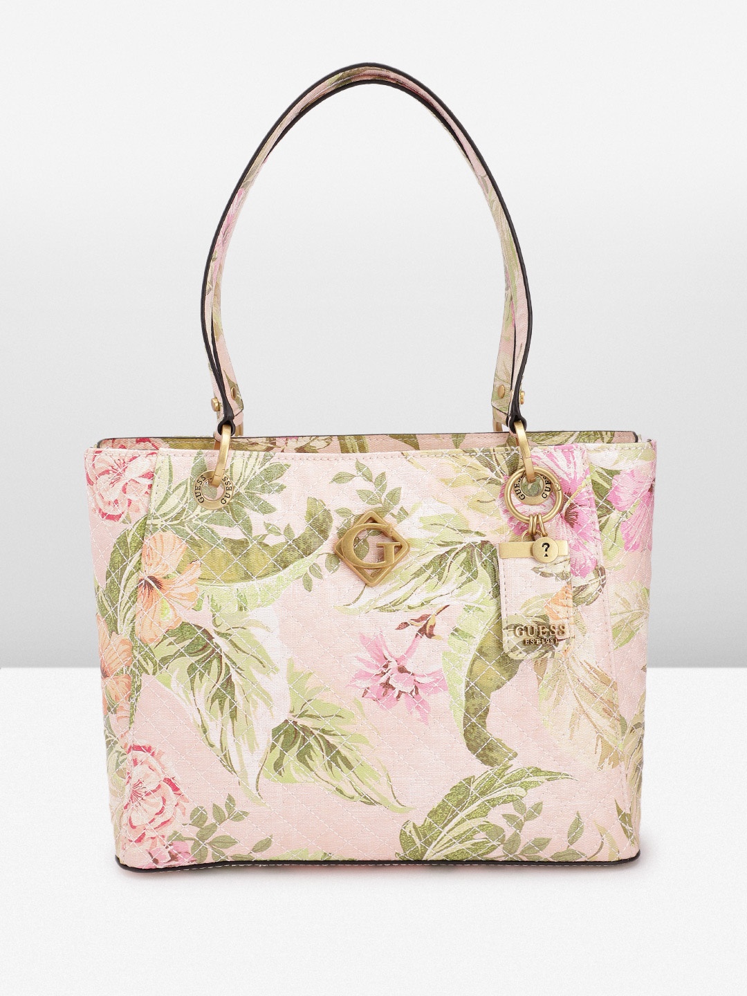 

GUESS Floral Printed Structured Shoulder Bag with Quilted Detail, Peach