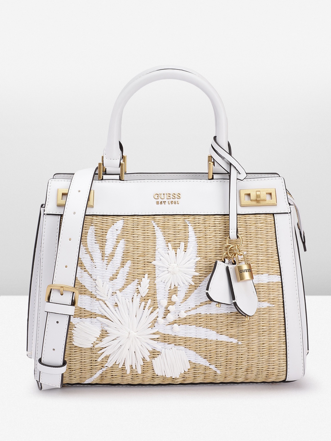 

GUESS Floral Basket Weave Textured Structured Handheld Bag, Brown