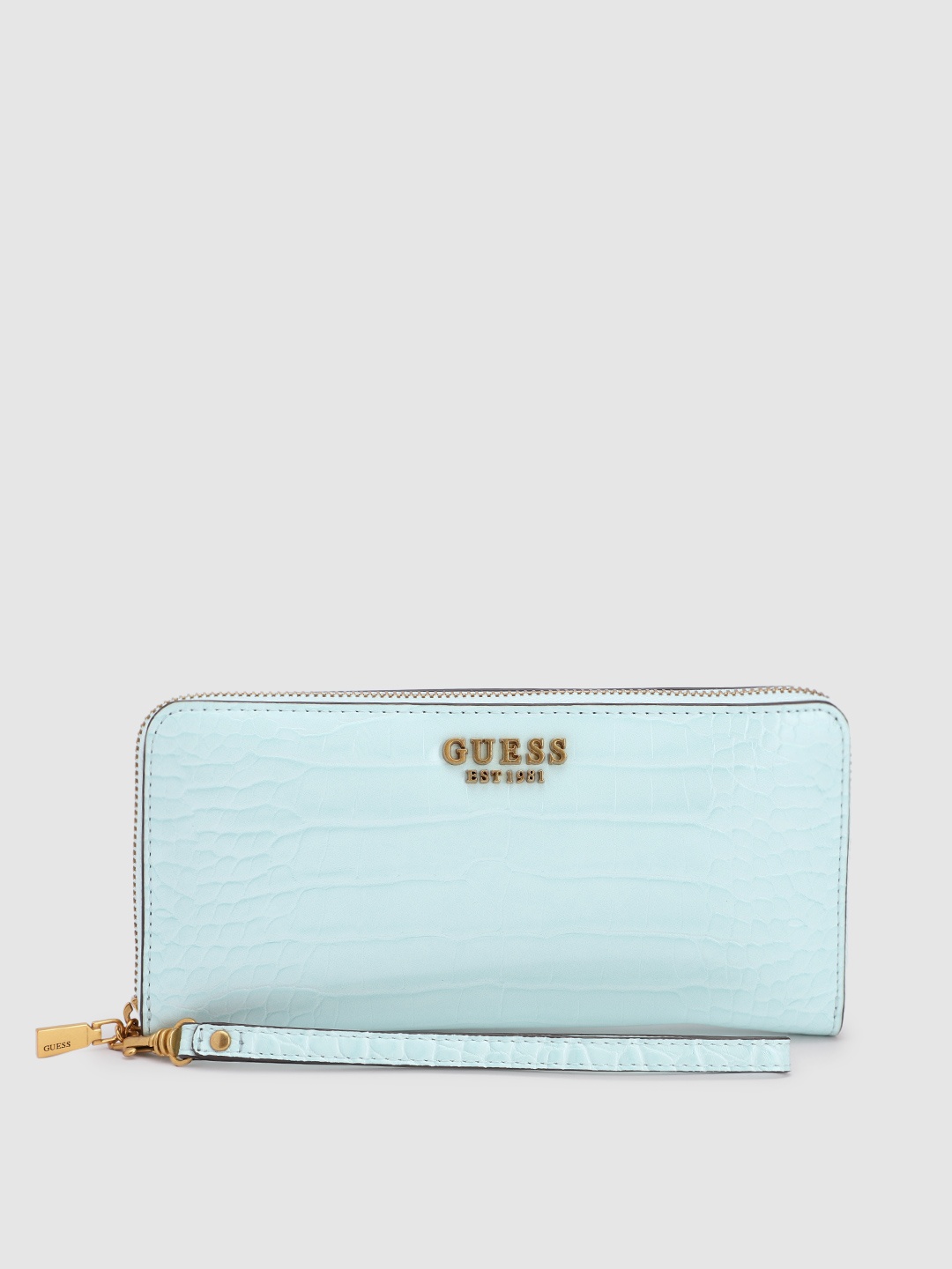 

GUESS Women Croc Textured Zip Around Wallet, Turquoise blue