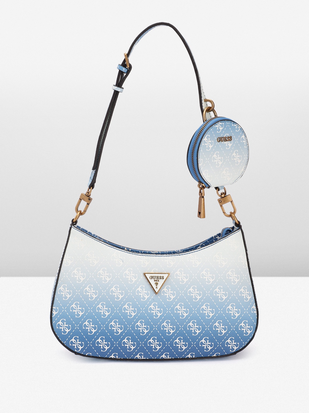 

GUESS Brand Logo Printed Structured Shoulder Bag with Pouch, Blue