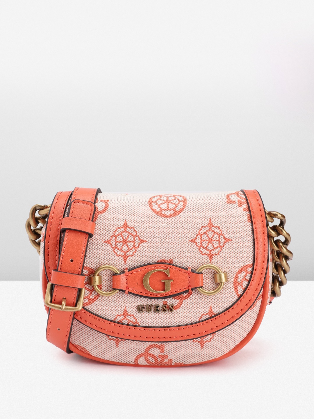 

GUESS Brand Logo Woven Design Half Moon Sling Bag, White
