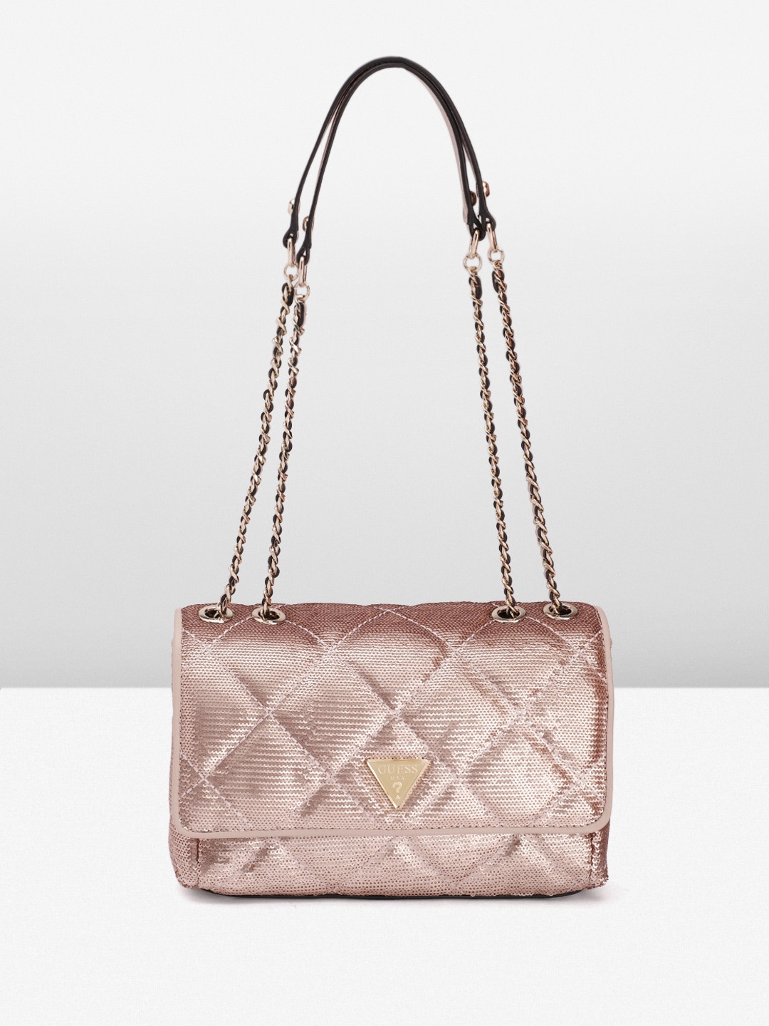 

GUESS Sequinned Embellished Structured Shoulder Bag with Quilted Detail, Copper