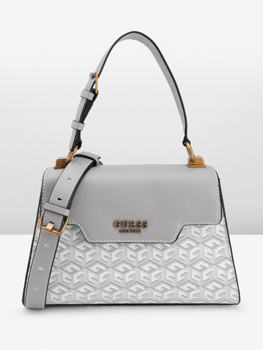 

GUESS Geometric Printed Structured Satchel Bag, Grey
