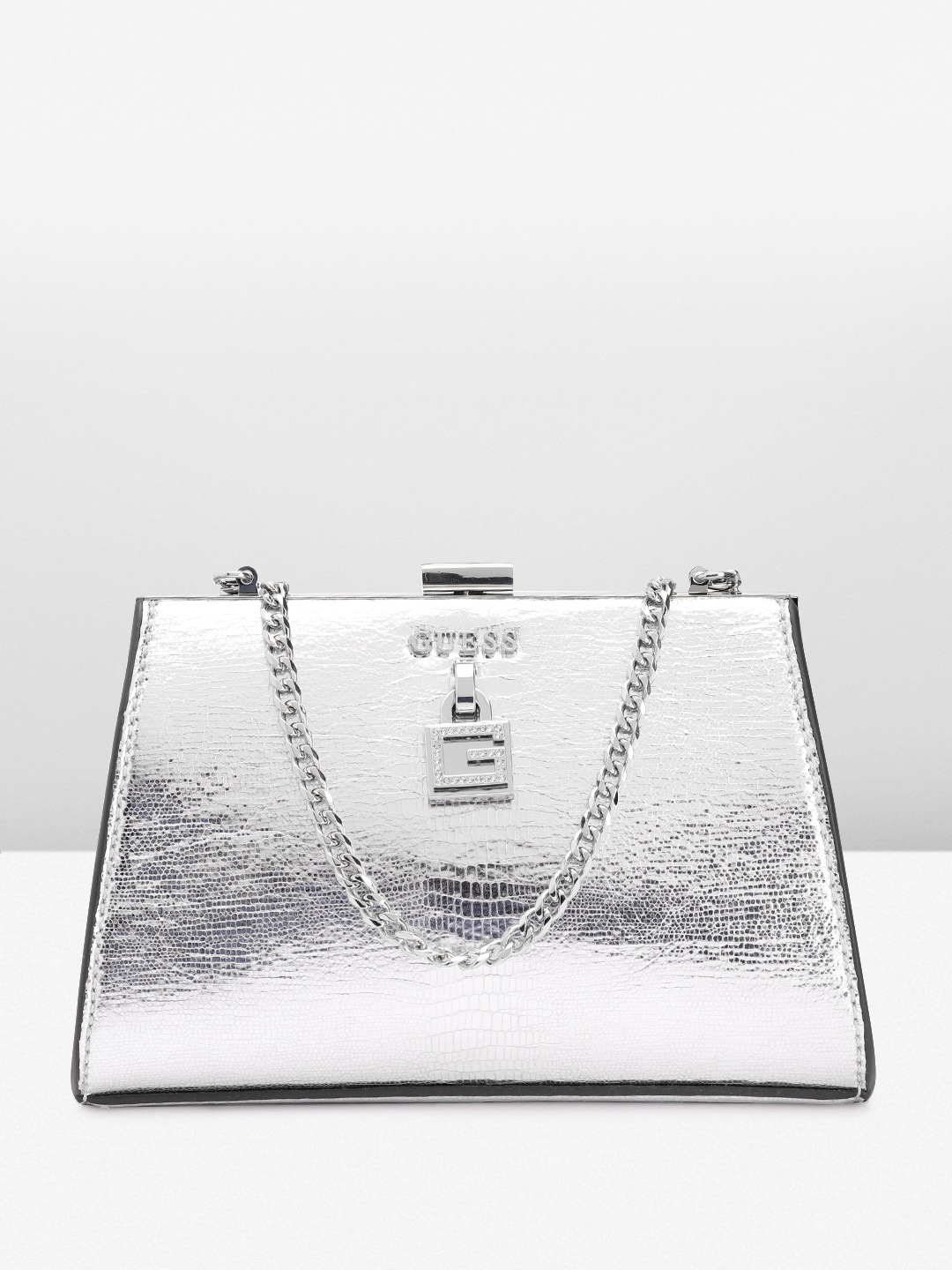 

GUESS Snake Skin Textured Party Box Clutch, Silver