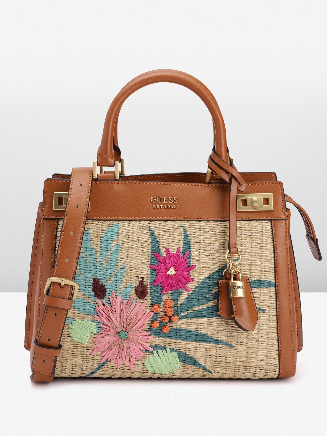 

GUESS Floral Basket Weave Textured Structured Handheld Bag, Beige