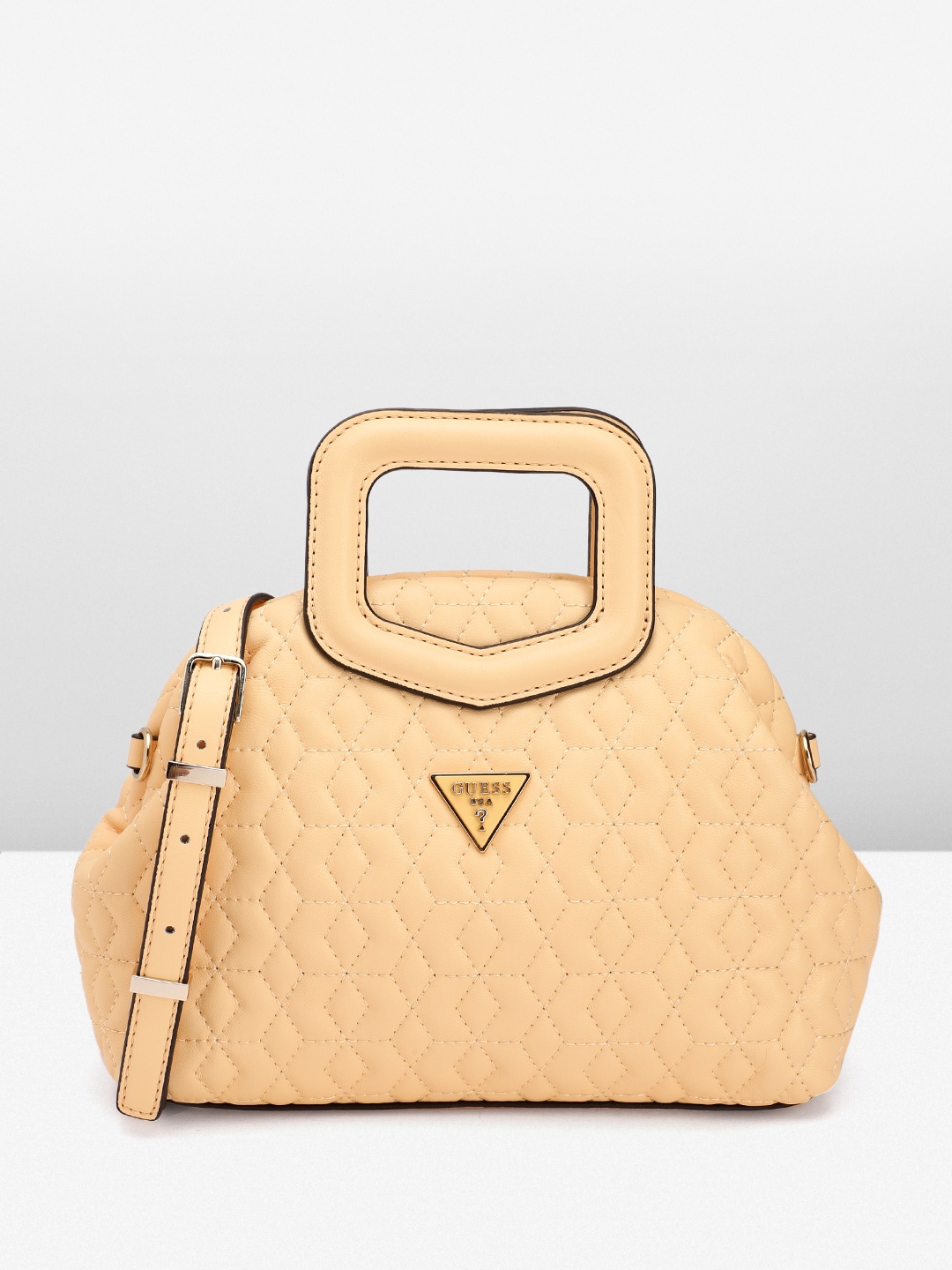 

GUESS Geometric Textured Structured Handheld Bag with Quilted Detail, Peach