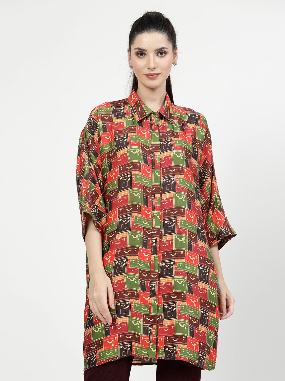 

OFFICE & YOU Classic Oversized Graphic Printed Modal Satin Longline Casual Shirt, Brown