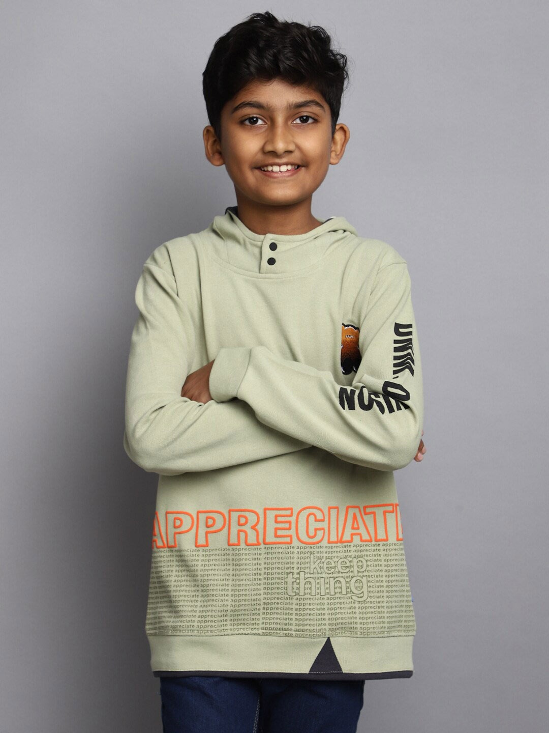 

V-Mart Boys Typography Printed Hooded Cotton T-shirt, Green