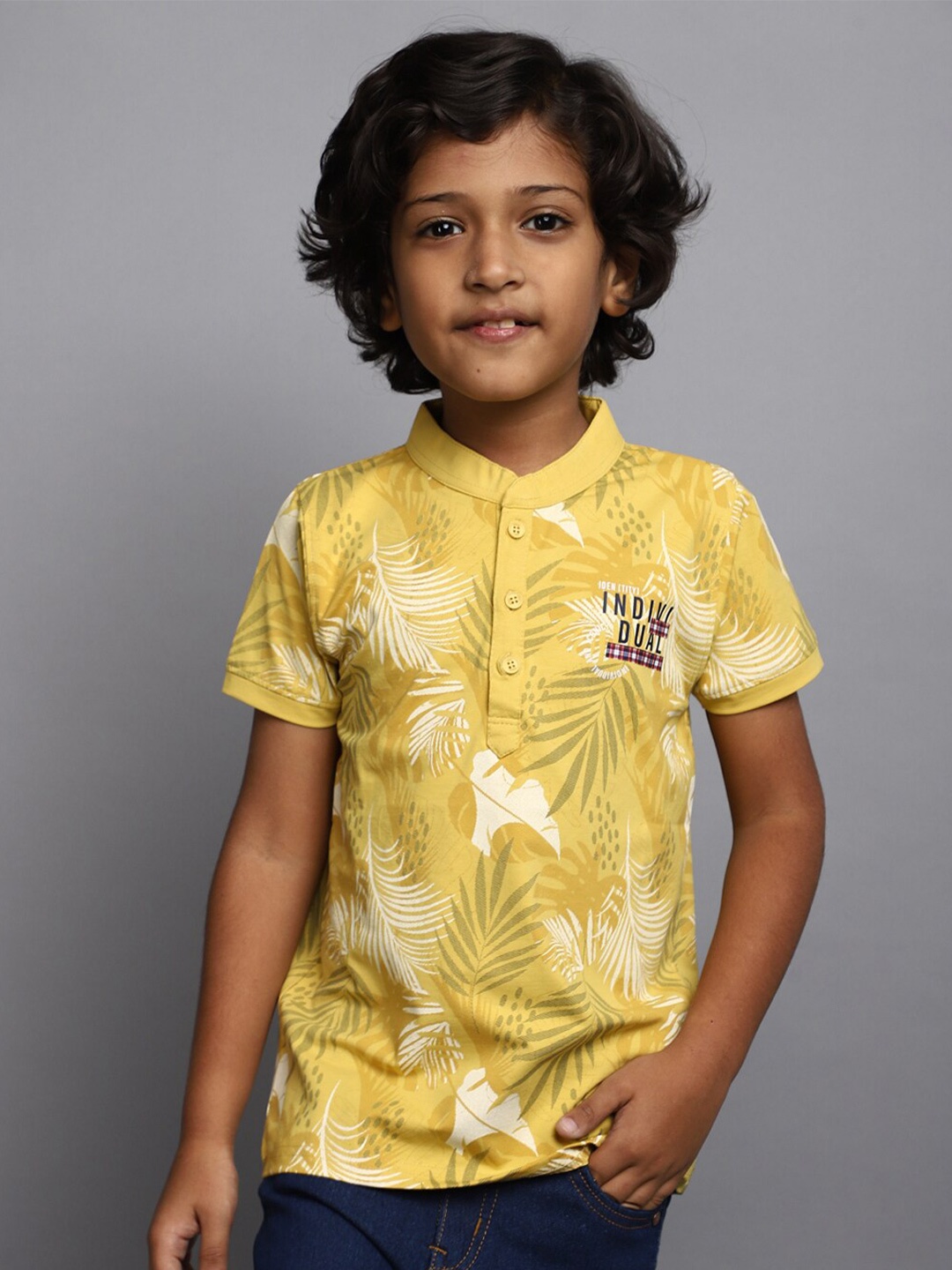 

V-Mart Boys Floral Printed Polo Collar Cotton T-shirt, Mustard