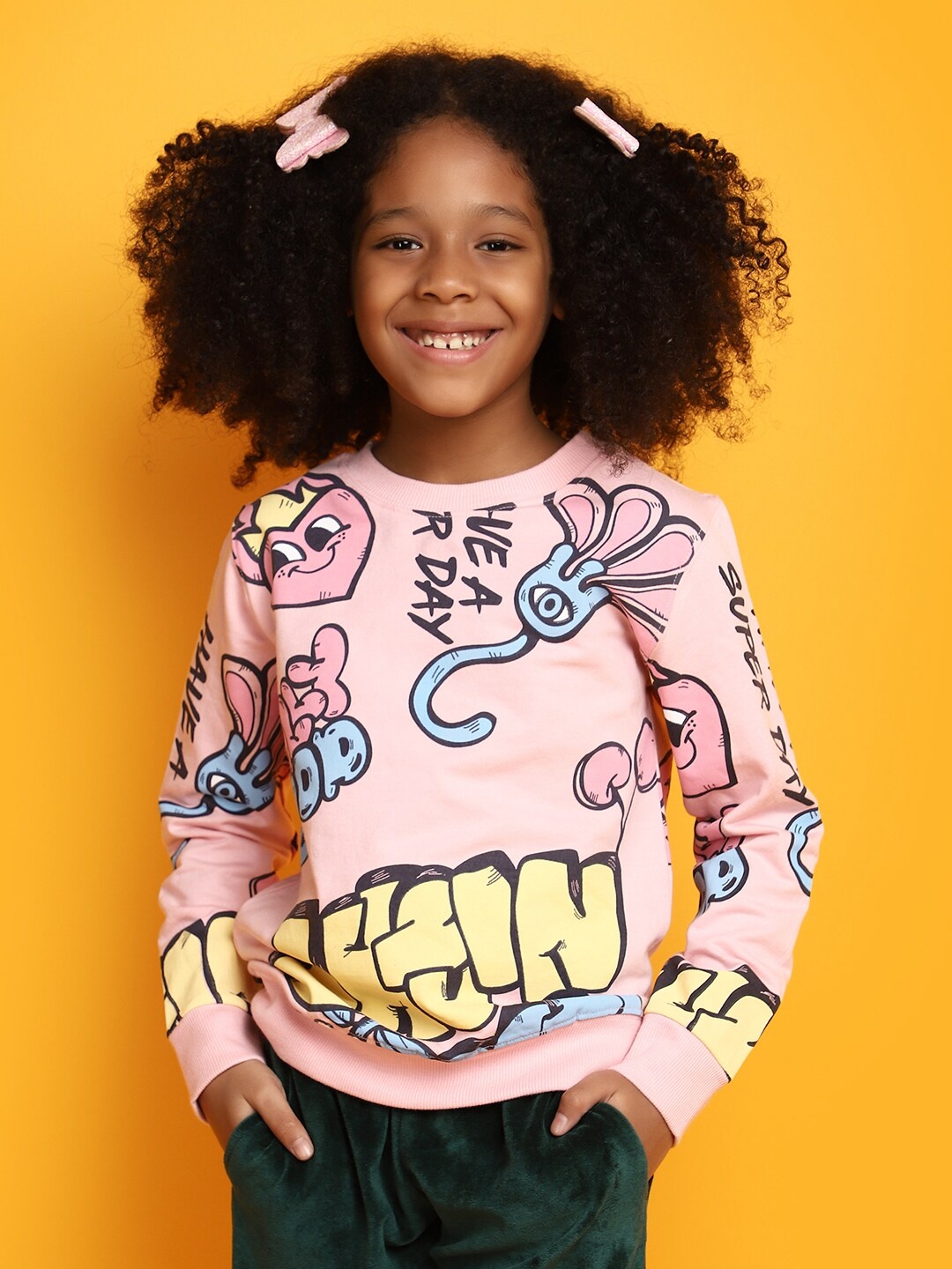 

V-Mart Girls Conversational Printed Long Sleeves Cotton T-shirt, Pink