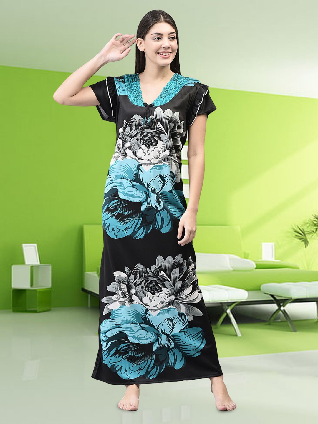 

Noty Floral Printed Satin Maxi Nightdress, Green