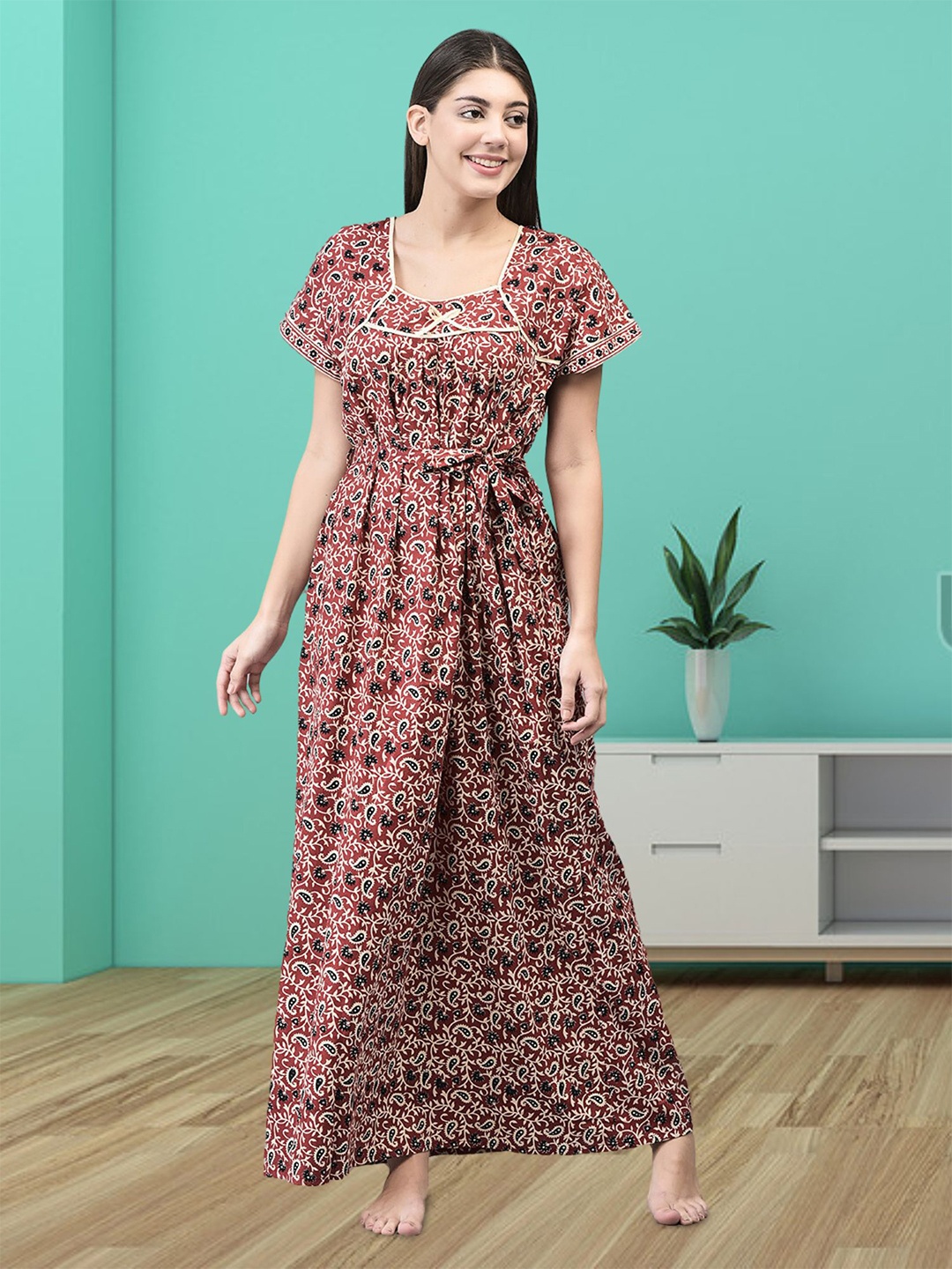 

Noty Ethnic Motifs Printed Maxi Nightdress, Maroon