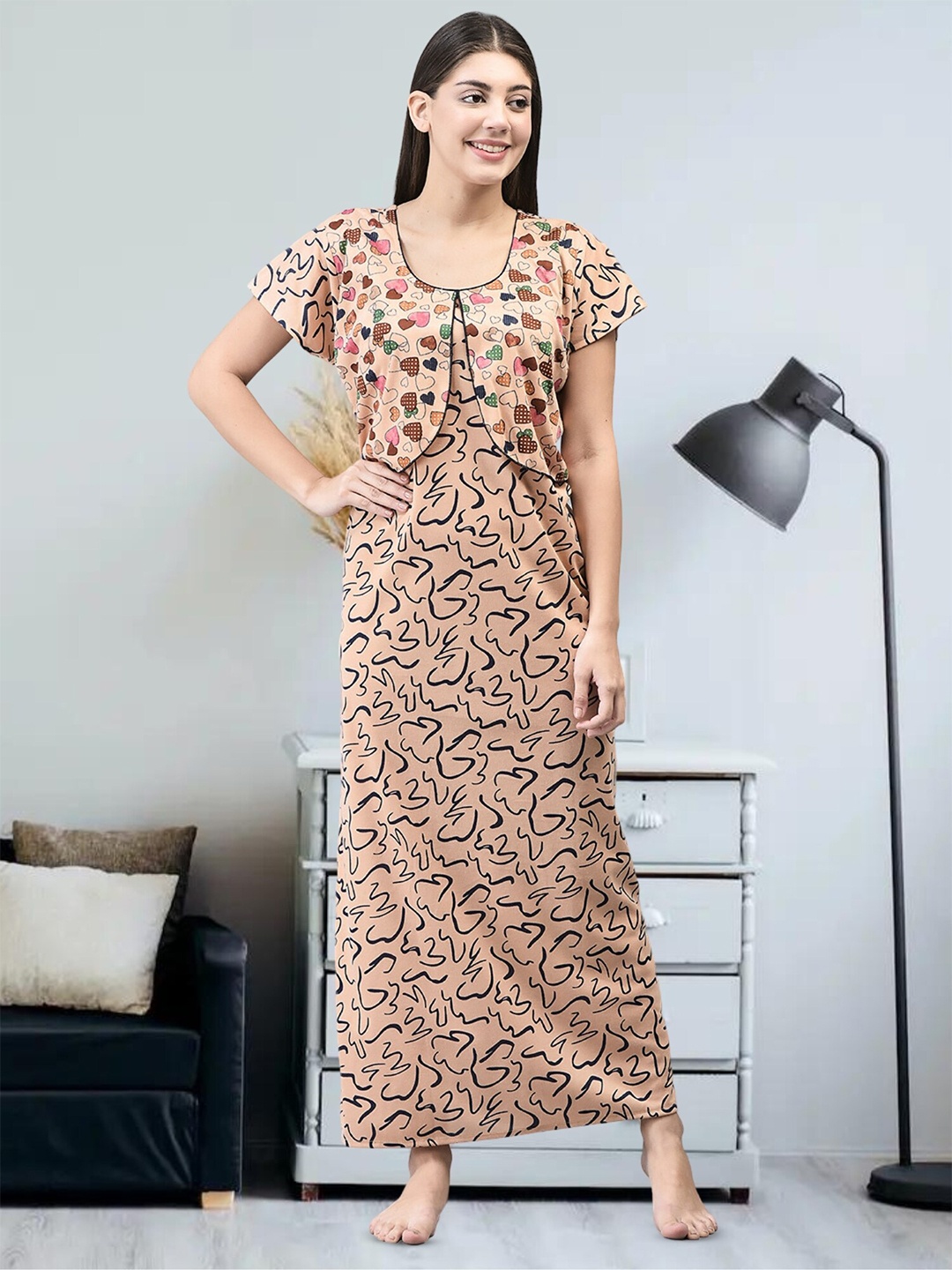 

Noty Abstract Printed Maternity And Feeding Maxi Nightdress, Peach