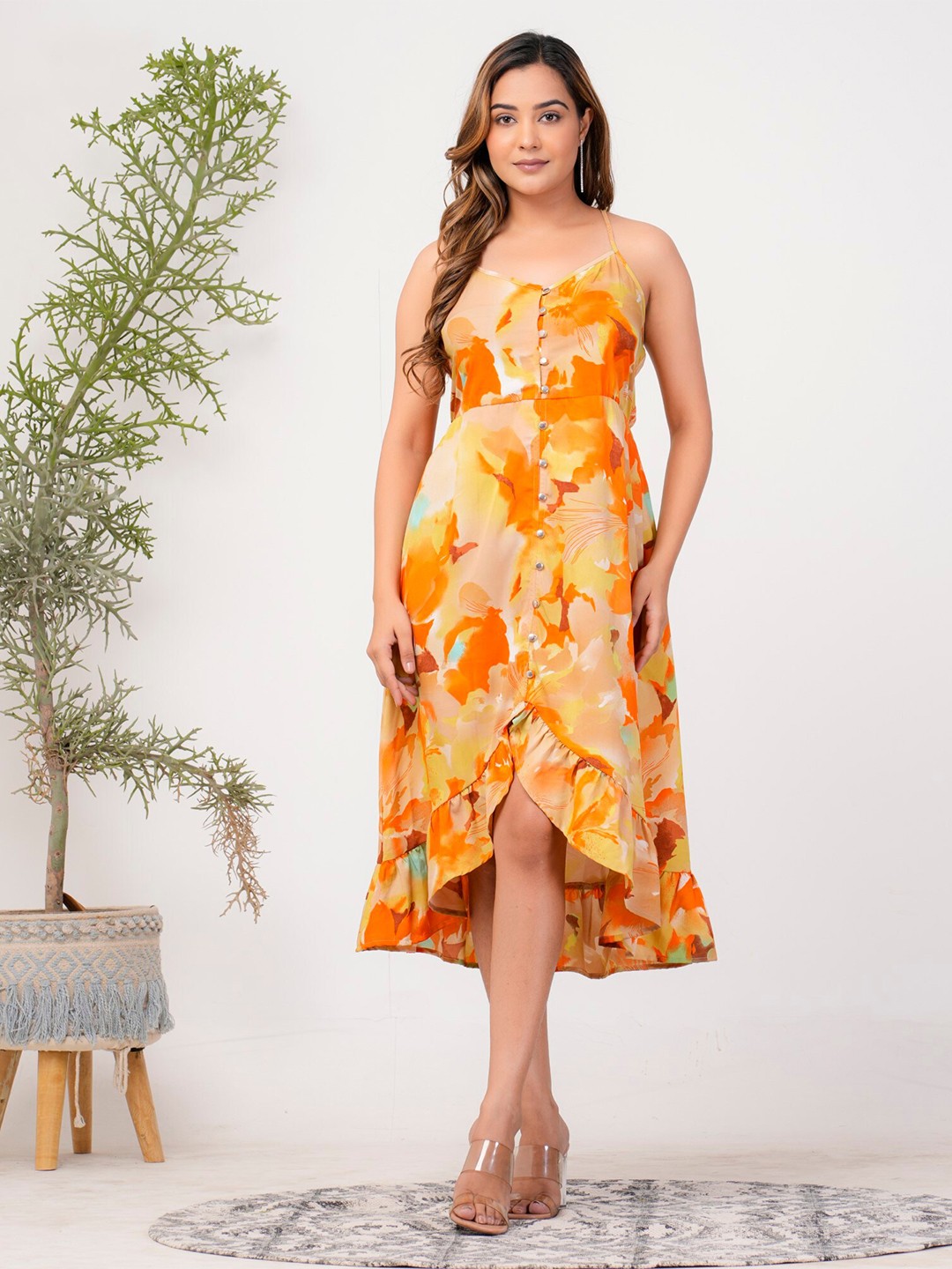 

Riara Floral Printed Shoulder Straps Tulip A-Line Midi Dress, Yellow