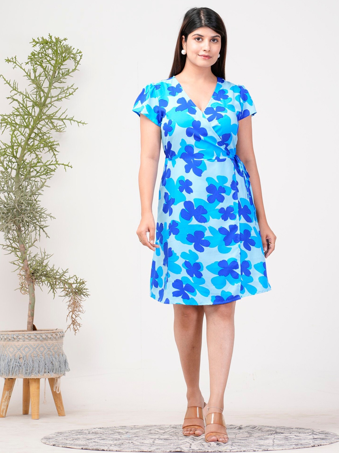 

Riara Floral Printed V-Neck Wrap Dress, Blue