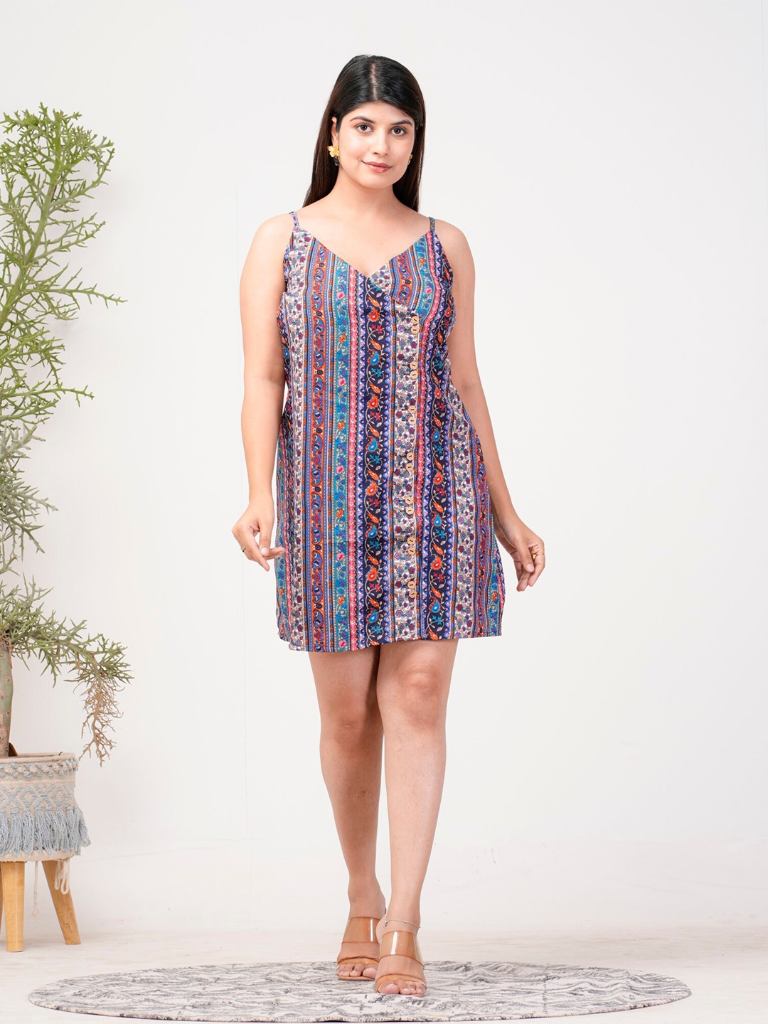 

Riara Paisley Printed Shoulder Straps A-Line Dress, Blue
