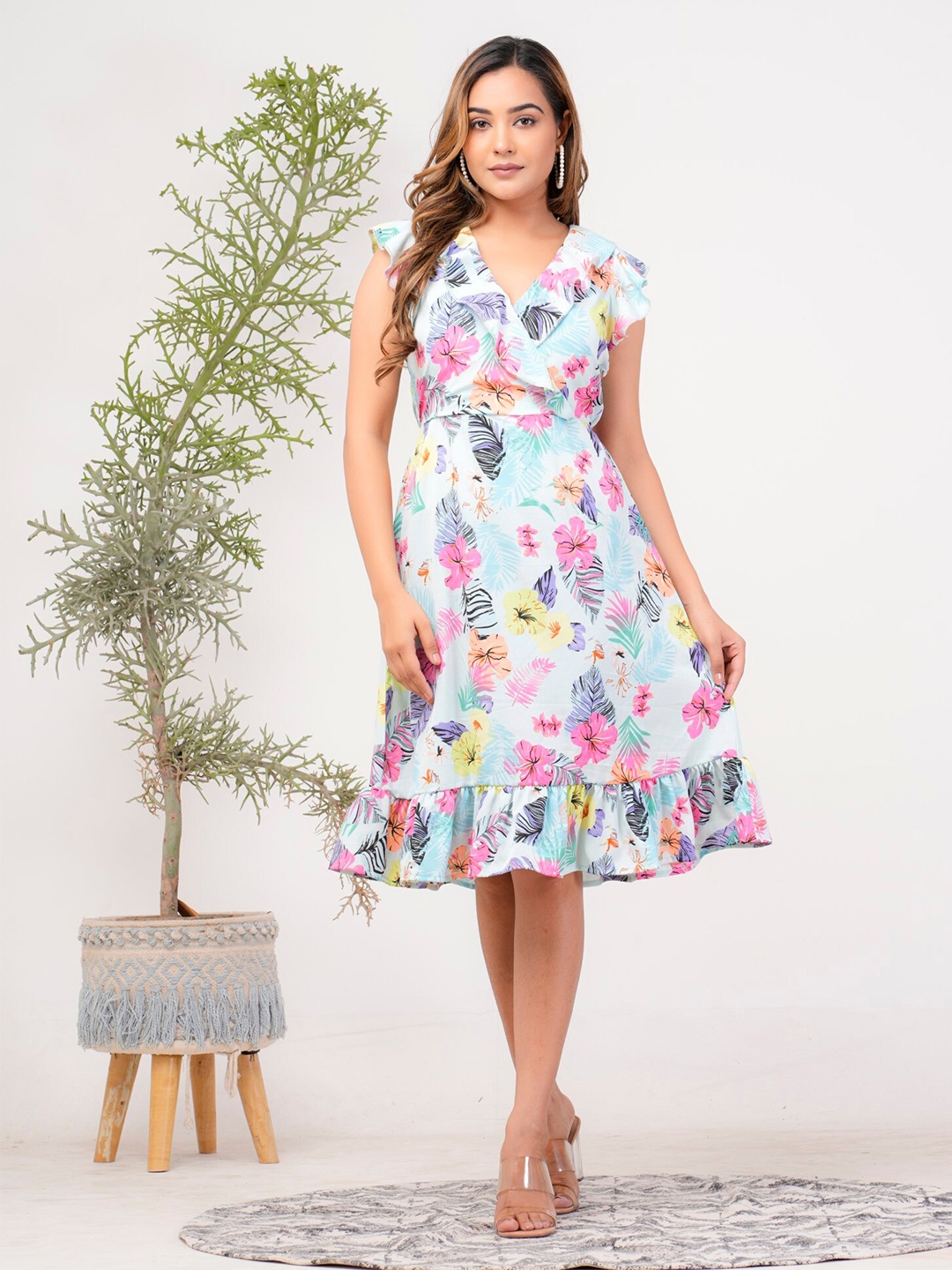 

Riara Floral Printed V-Neck Ruffles A-Line Dress, Blue