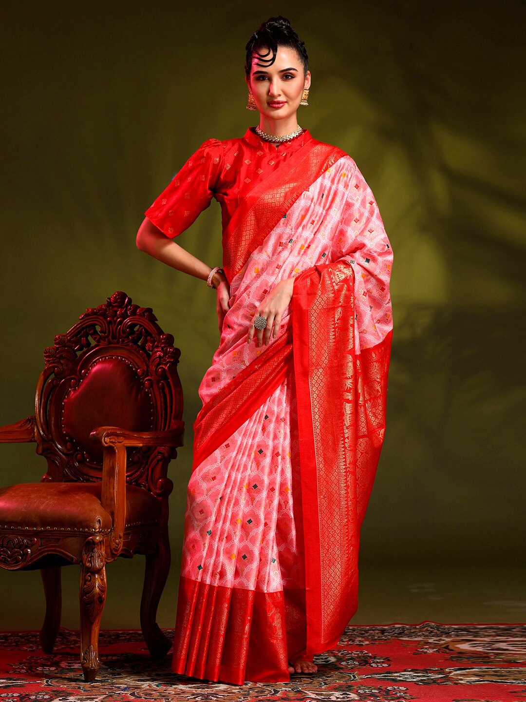 

Anouk Pink & Red Ethnic Motifs Printed Saree