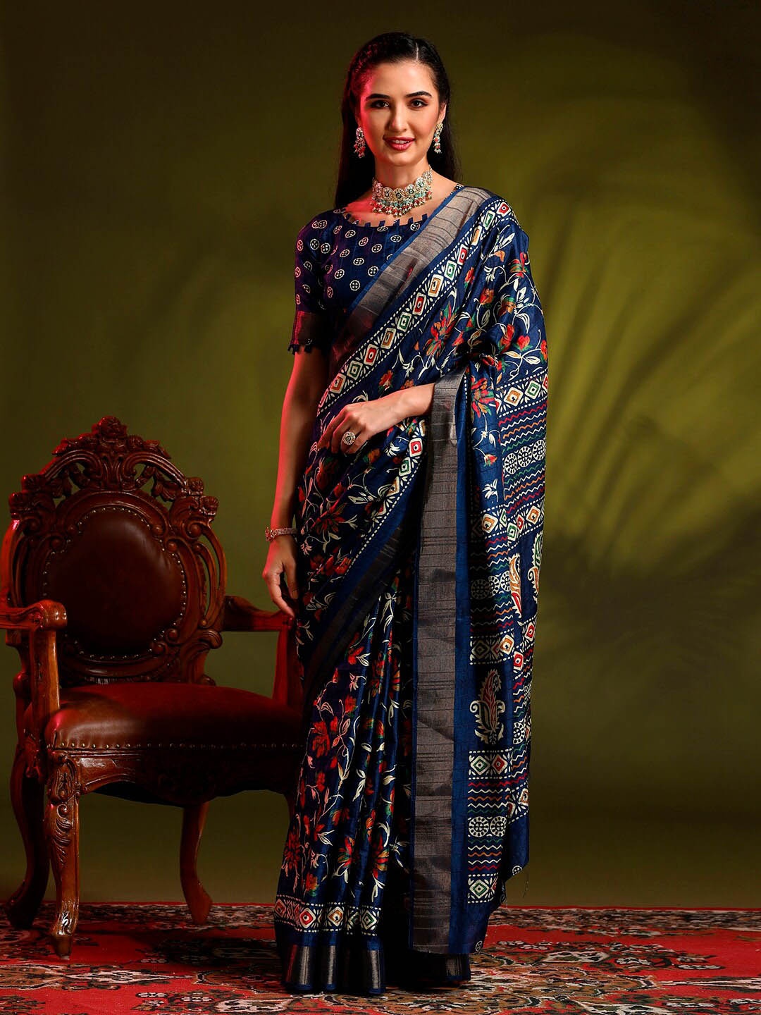 

Anouk Rustic Navy Blue Floral Printed Zari Saree