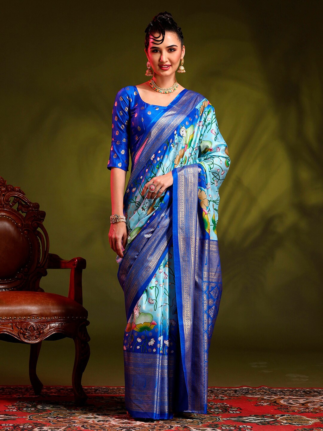 

Anouk Blue Ethnic Motifs Printed Saree