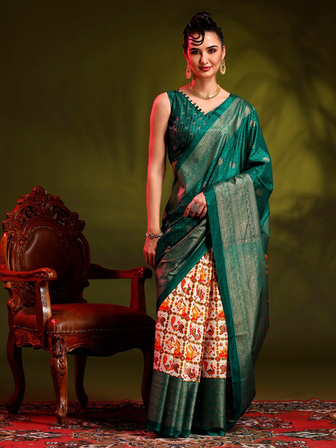 

Anouk Green & Off Ethnic Motifs Printed Designer Patola Saree