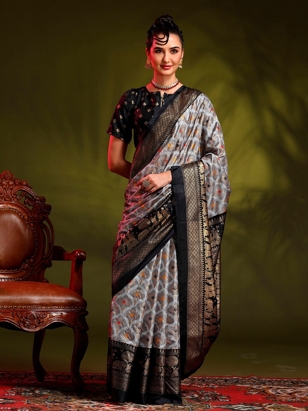 

Anouk Grey & Black Ethnic Motifs Printed Zari Saree