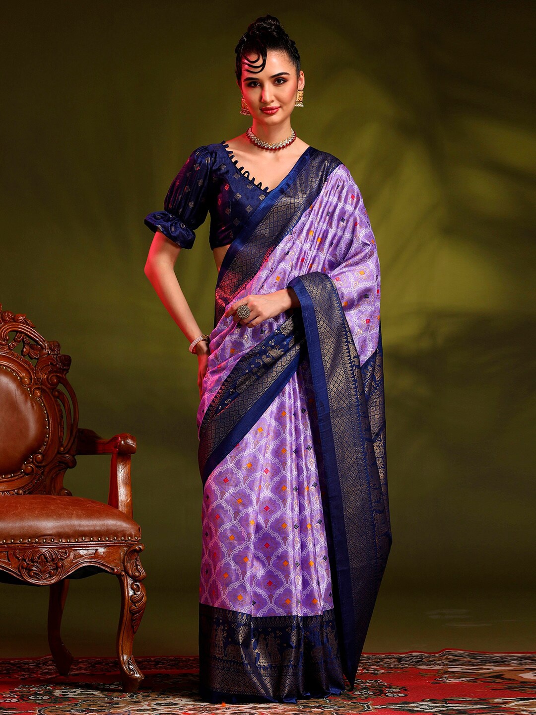 

Anouk Lavender & Navy Blue Ethnic Motifs Printed Bomkai Silk Saree