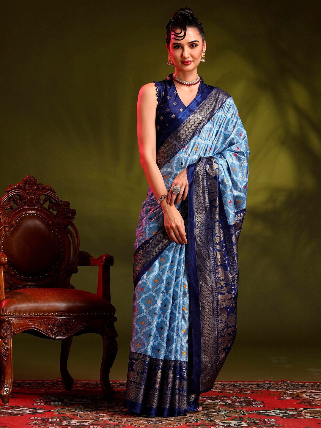 

Anouk Blue & Navy Blue Ethnic Motifs Printed Bomkai Silk Saree