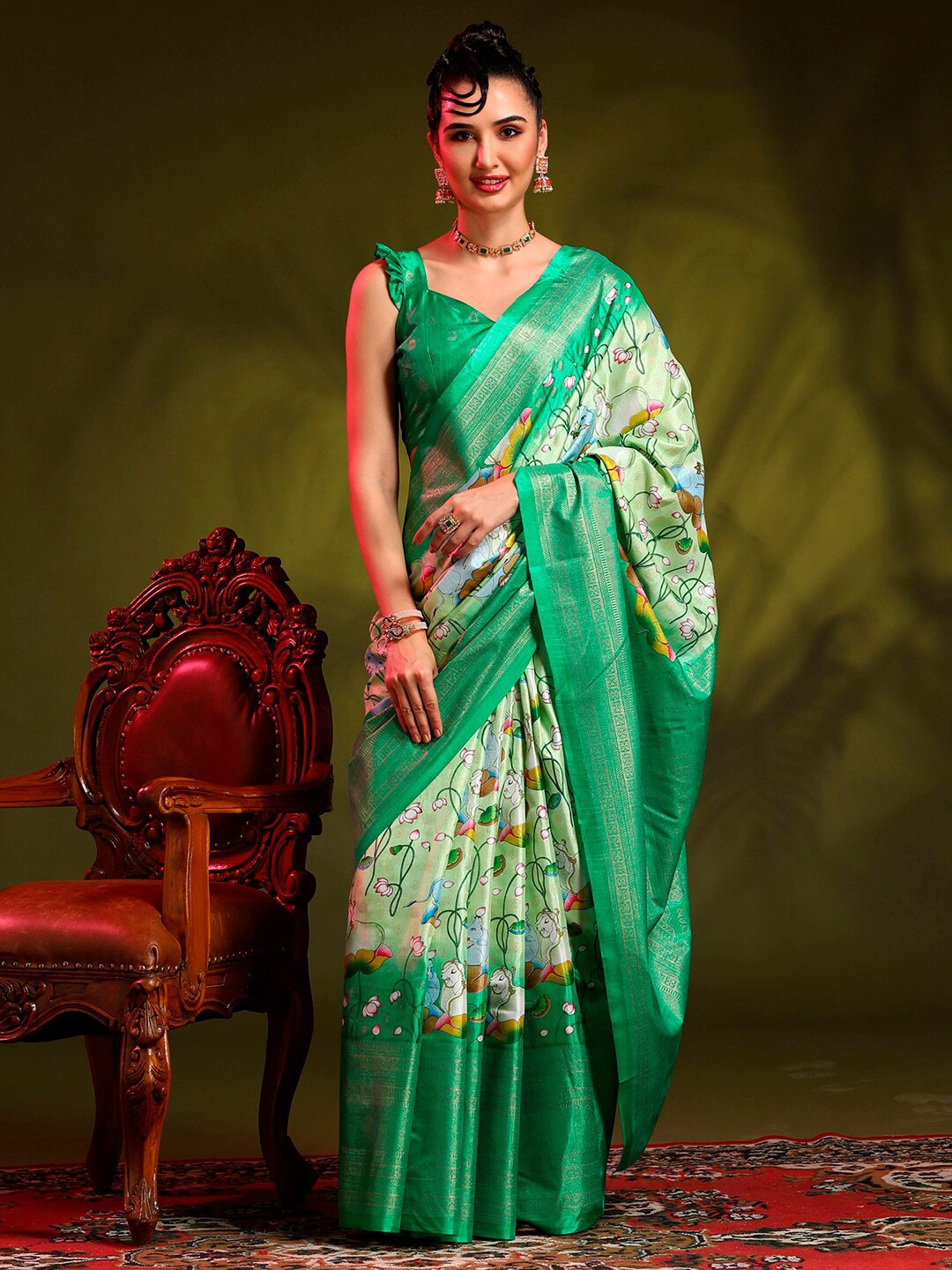 

Anouk Rustic Green & Sea Green Kalamkari Printed Bomkai Silk Saree