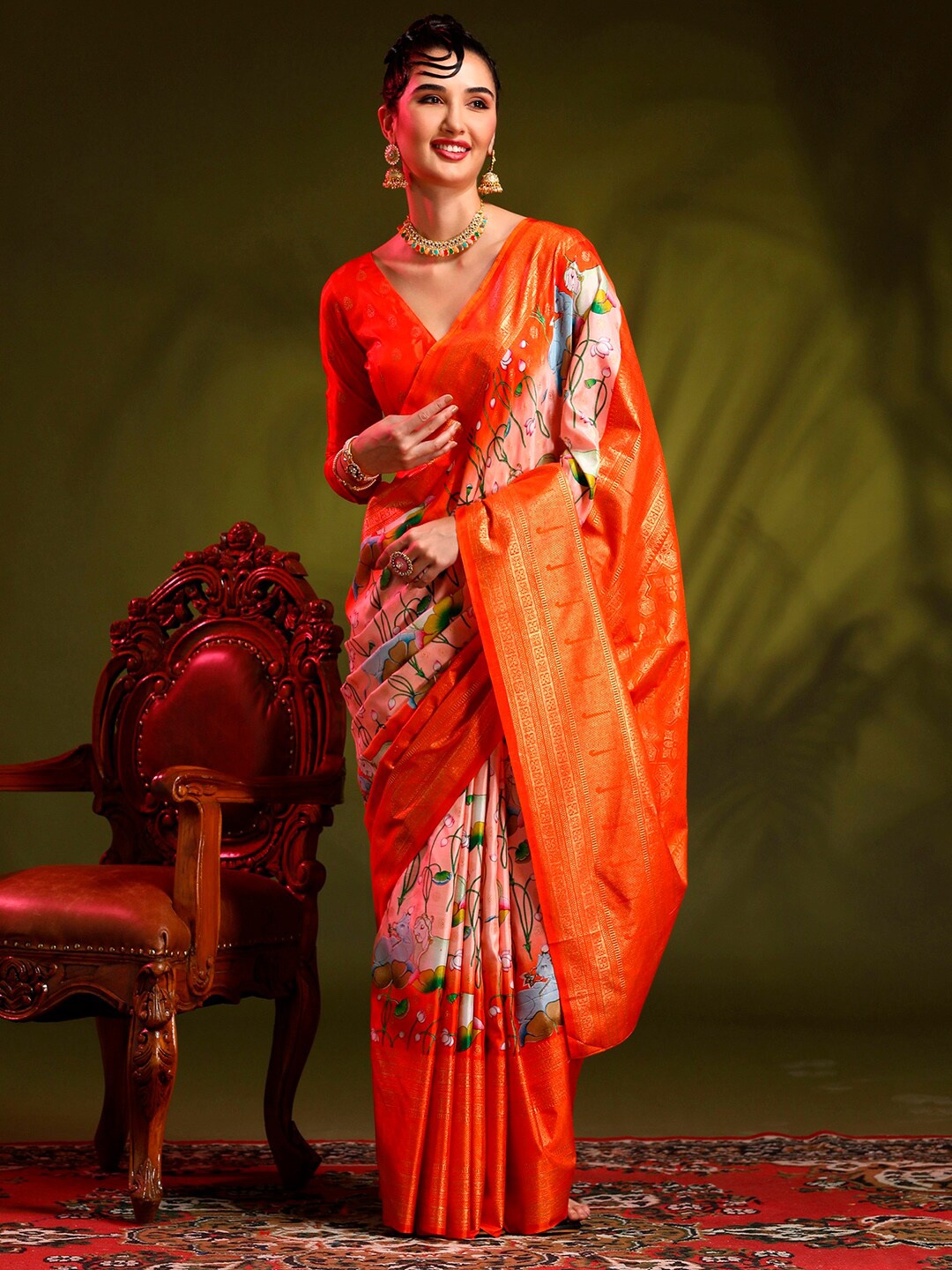 

Anouk Peach-Coloured & Orange Floral Printed Bomkai silk Saree