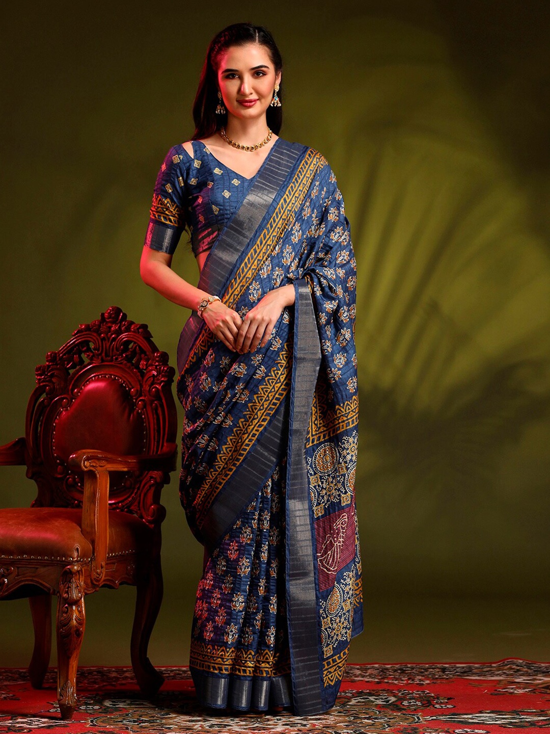 

Anouk Blue Bagh Printed Zari Sungudi Saree