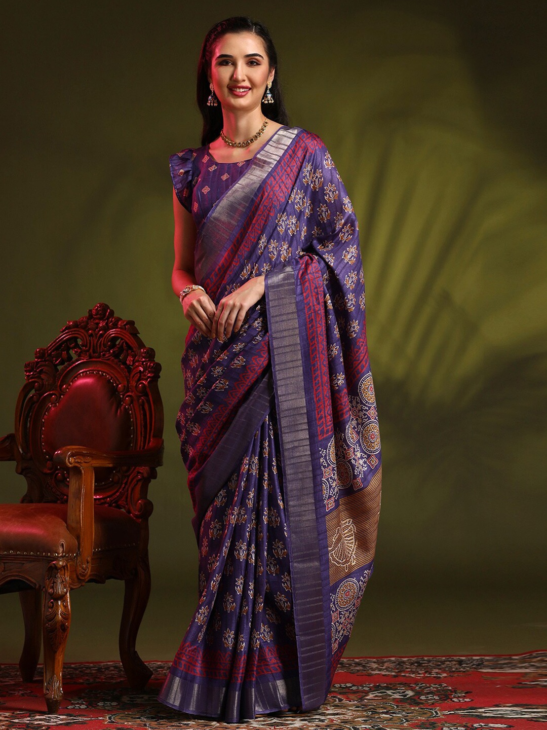 

Anouk Rustic Violet Floral Printed Zari Sungudi Saree