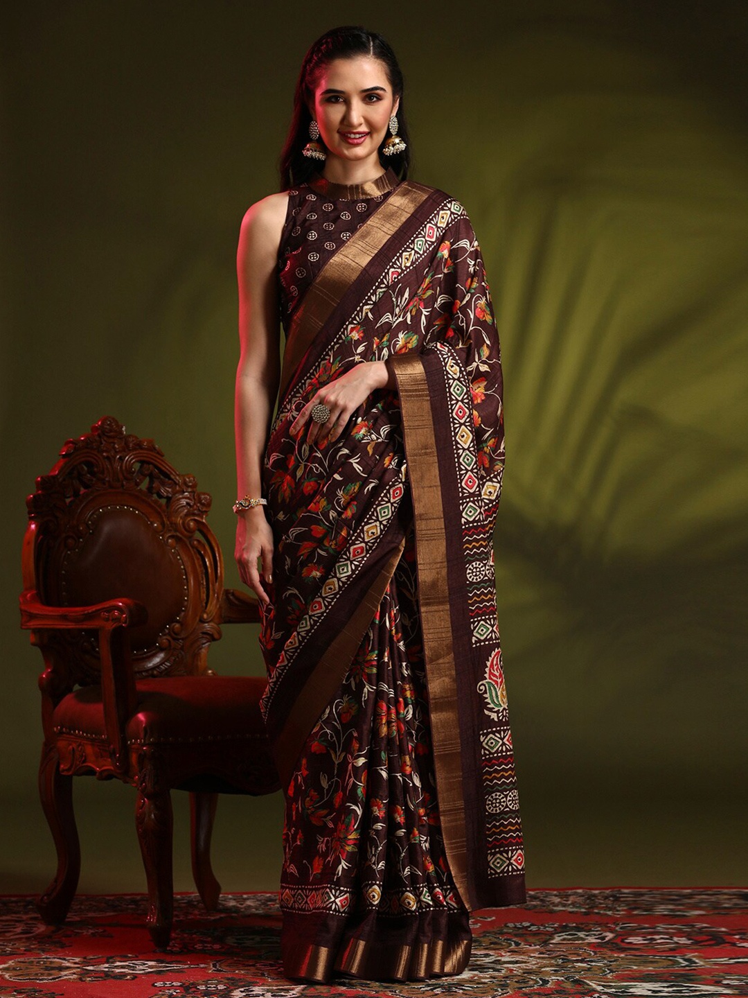 

Anouk Rustic Brown Floral Printed Zari Sungudi Saree